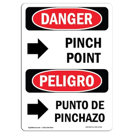 OSHA Danger Sign, Pinch Point Bilingual, 24in X 18in Rigid Plastic
